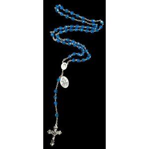 Catholic Blue Crystal Glass Beaded Rosary With Silver Crucifix & Virgin Mary Med
